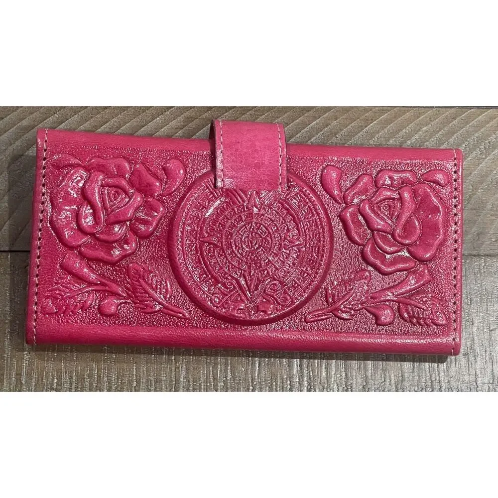 Womens Hand Embroidered & Embossed Leather Tri-Fold Wallet Mirror/Change Pouch